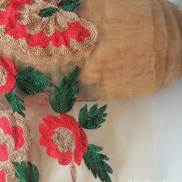 Beige Soft Net Lace Trim With Red, Green And Gold Floral Embroidery, Indian Trims